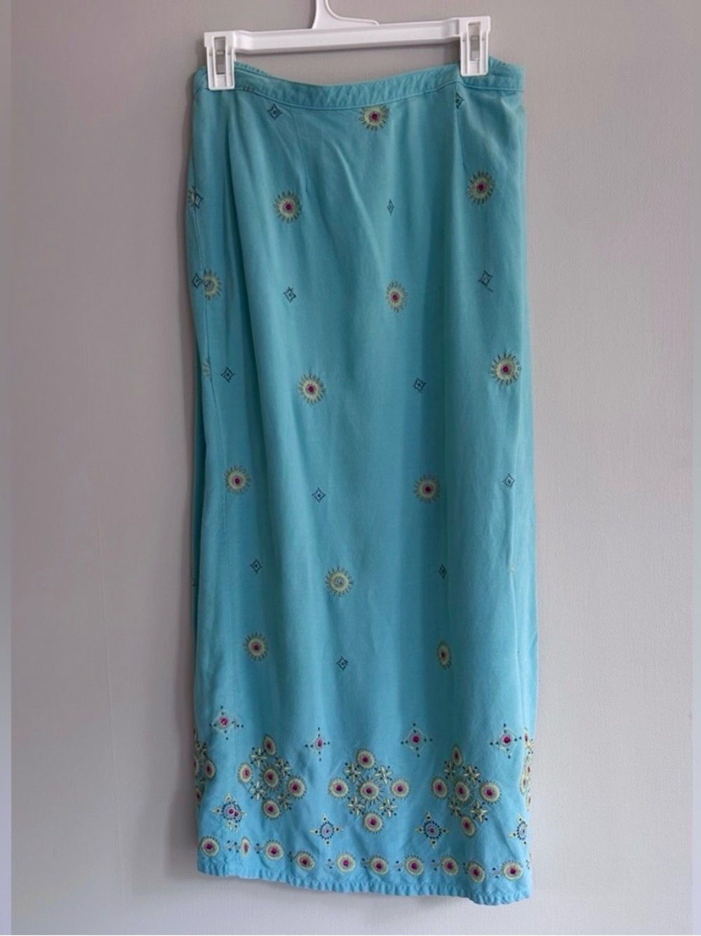 VTG Y2K Aqua Embroidered Statement Maxi Skirt Resort Coastal Boho Tropical Small - Picture 2 of 11